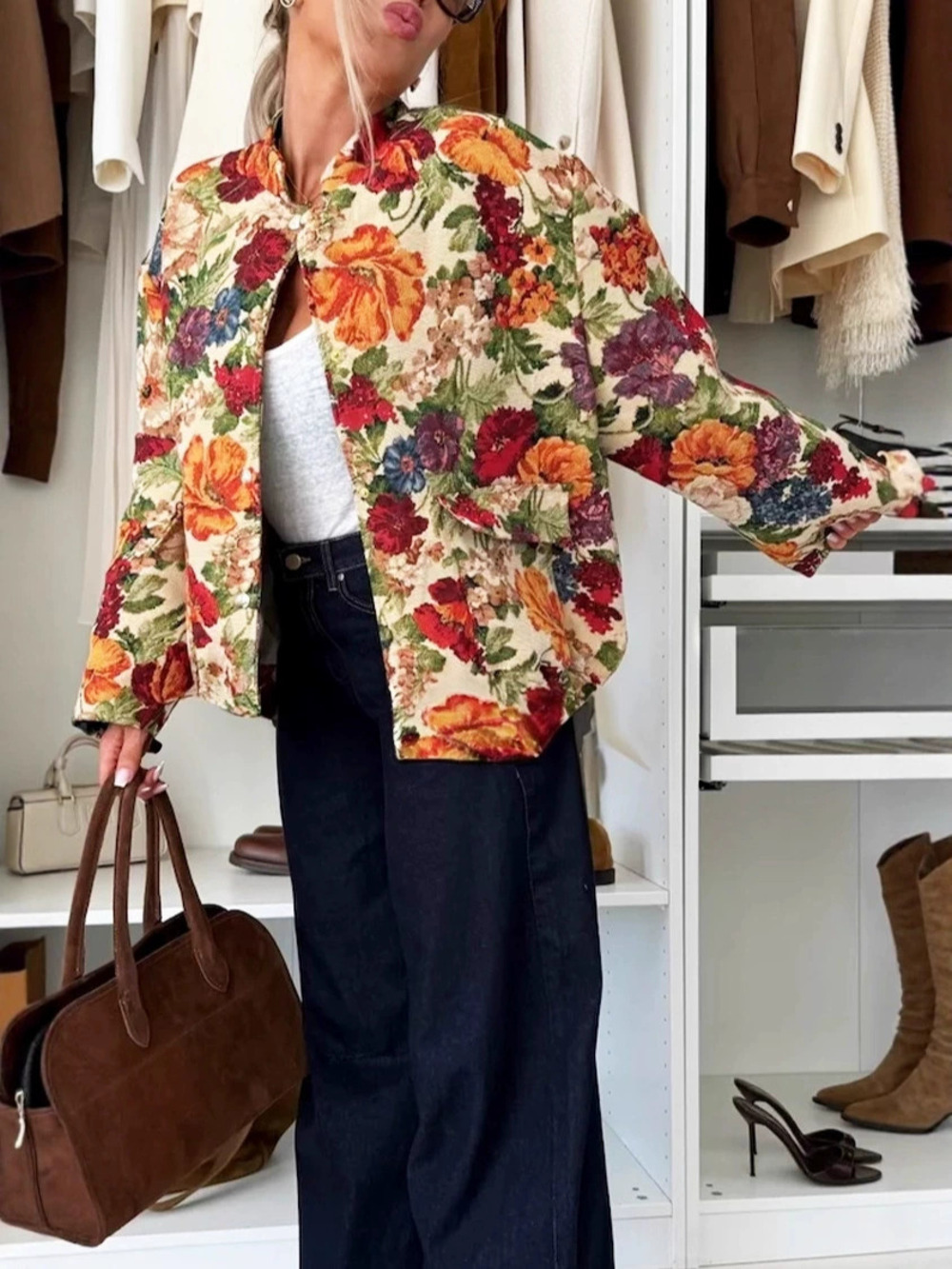 ZARA Unique Vintage Floral Print Stand Collar Long Sleeve Shirt Jacket